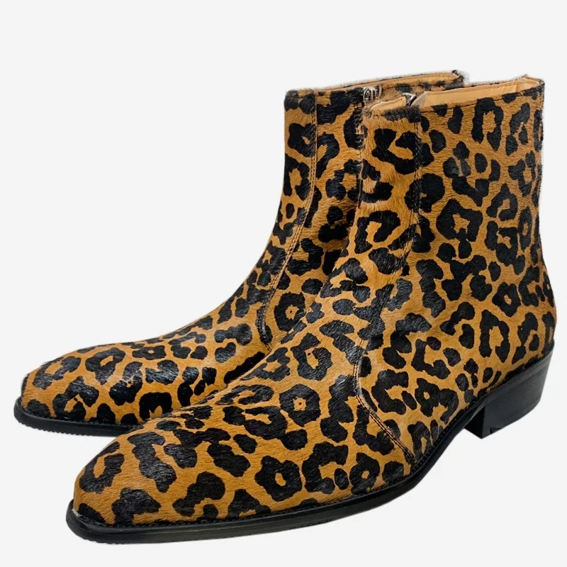 

Luxury Chelsea Boots Men Mid-Calf Boots High Grade Leopard Prints Horse Hair Shoes Casual Dress Boots Genuine Leather Shoes Men