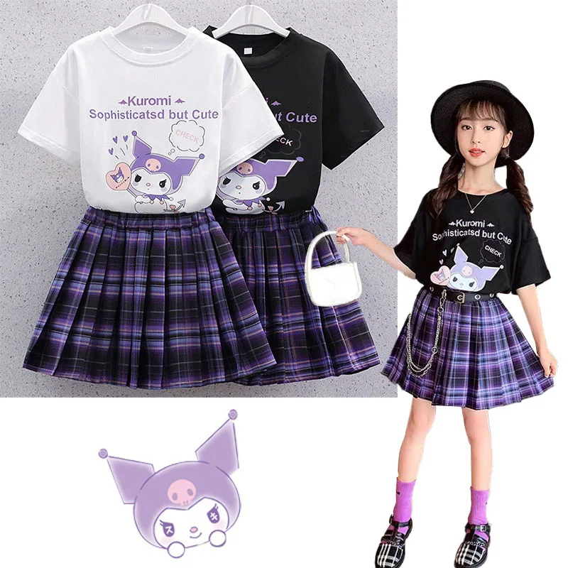 

Kawaii Sanrieod Kuromi T-Shirt Skirts Set Girls Summer Clothesclothing 2023 Cartoon Teenager Children Pleated Skirt Loungewear