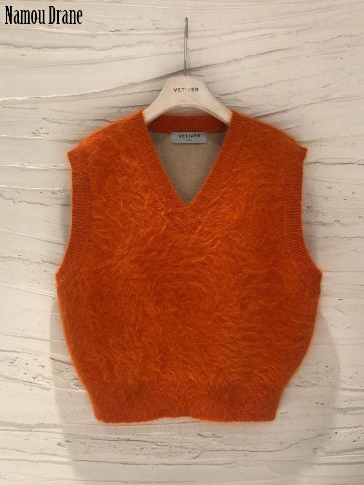 

Namou Drane 2022 Корейский Новый Модный женский V-образный вырез простой однотонный Универсальный соболиный Пушистый Жилет