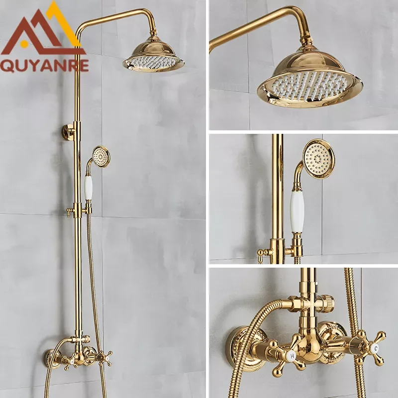 

Gold Polish Shower Faucets Set Rainfall Shower Bathroom Wall Mount Shower System Bath Hot Cold Water Shower Mixer Faucet Kit