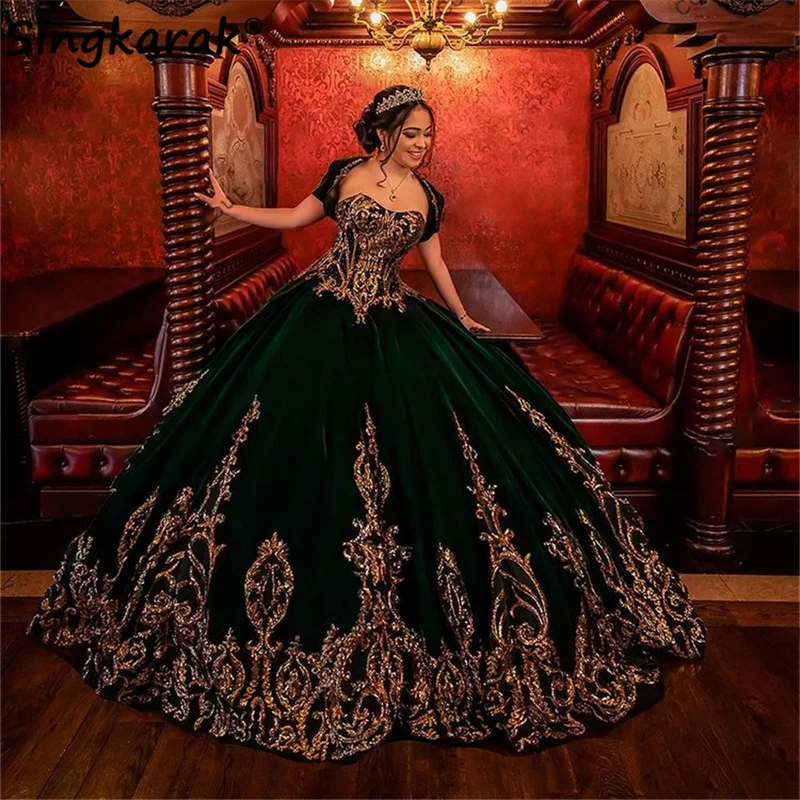 

Glitter Princess Green Quinceanera Dresses With Jacket Two Gloves Sequins Appliques Mexican Ball Gown Sweet 16 Gowns Vestidos