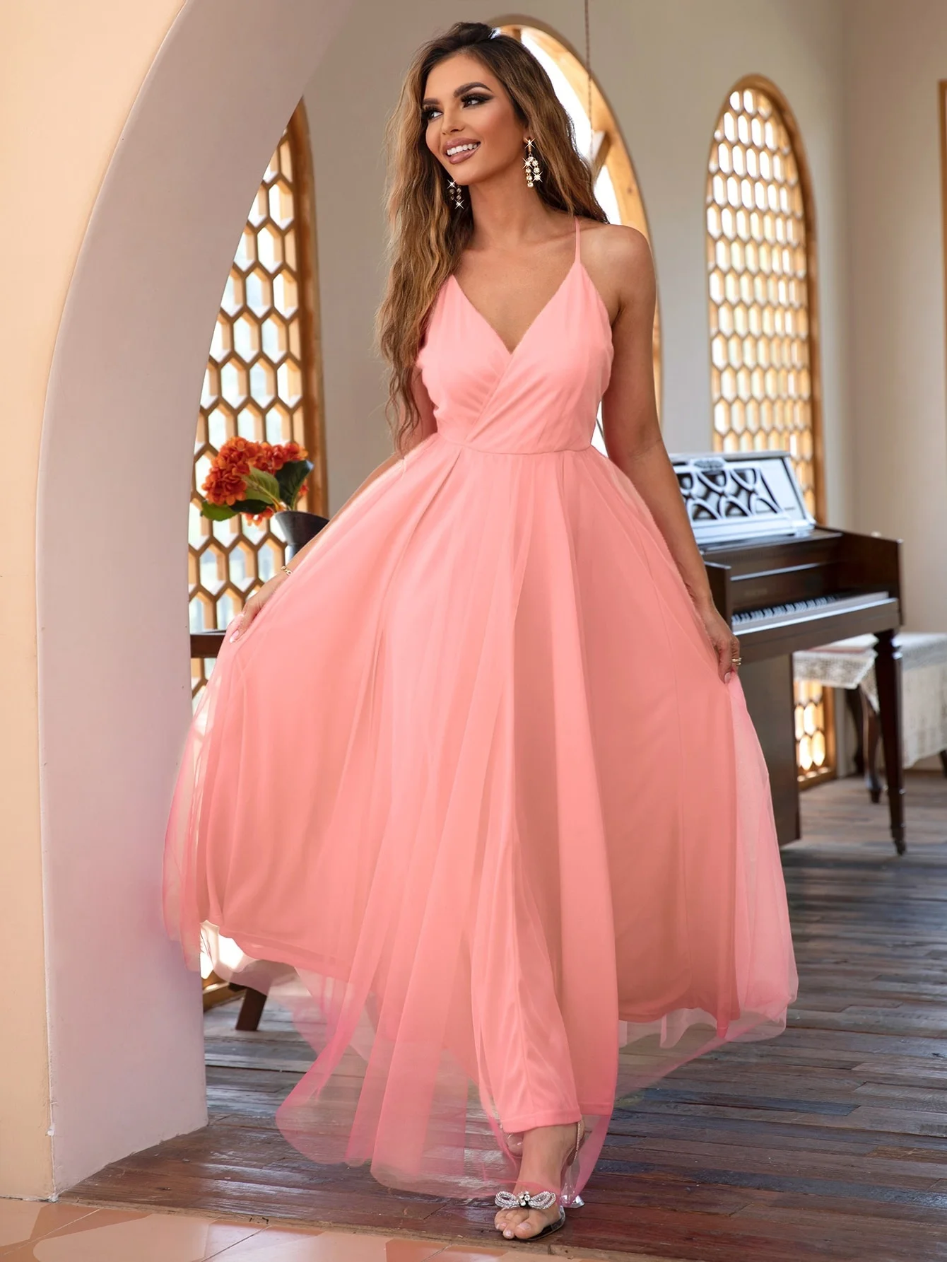 

Tobinoone Crisscross Backless Mesh Cami Dress