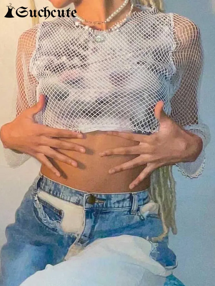 

Милые сексуальные прозрачные женские футболки, имитация двух ажурных топов в стиле пэчворк с длинным рукавом, милая сказочная уличная одеж...
