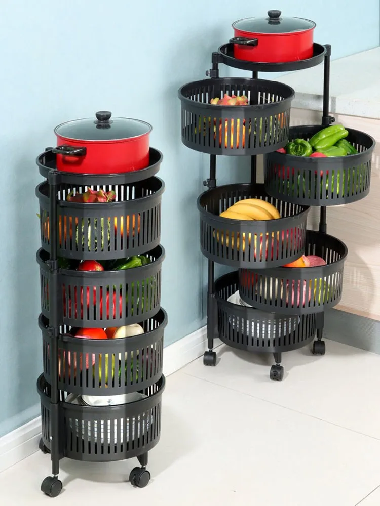 

Rotating Storage Shelves Rack Free Installation Household Multi-Layer Fruit Vegetable Removable Basket Grocery Organizer Wheels