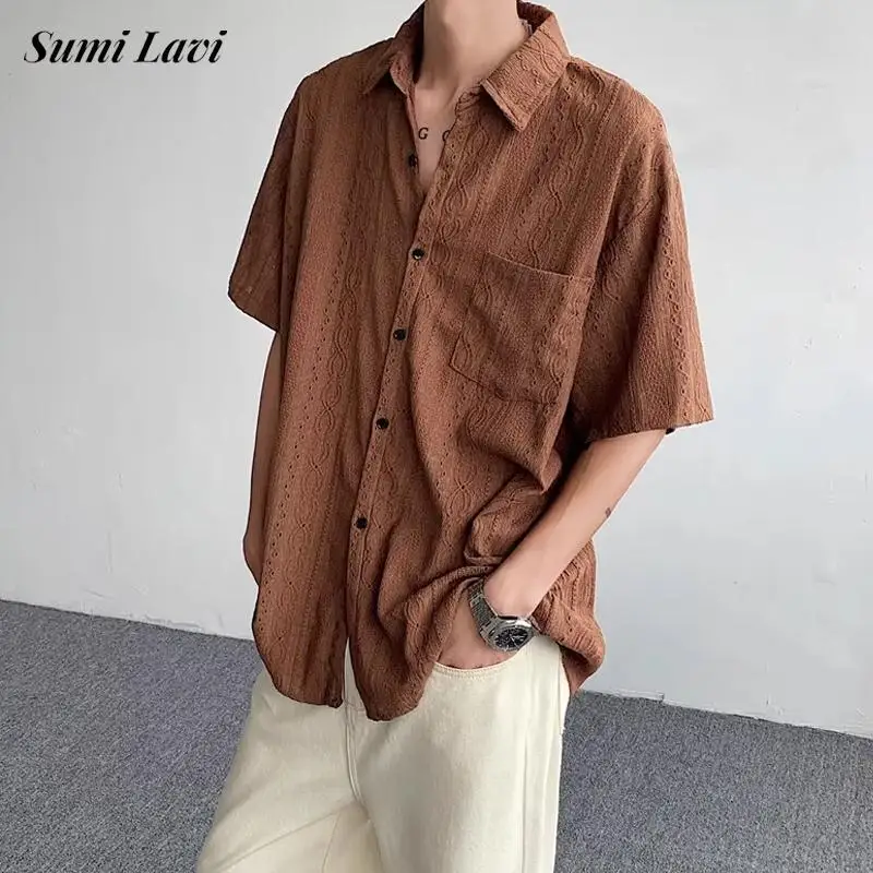 

Тонкая дышащая мужская рубашка с вырезами, модный однотонный кардиган на пуговицах с коротким рукавом, Повседневная Уличная одежда, лето