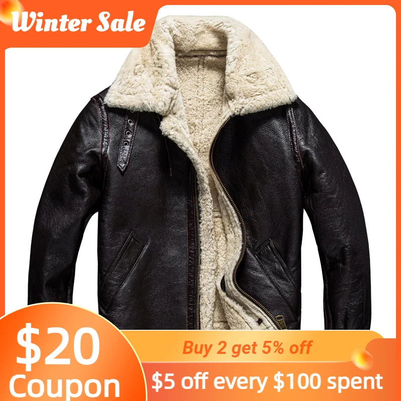 Dark Brown Winter Men's Shearling Jacket B3 Bomber Military Style Plus Size 5XL Natural Sheepskin Warm Genuine Leather Coats