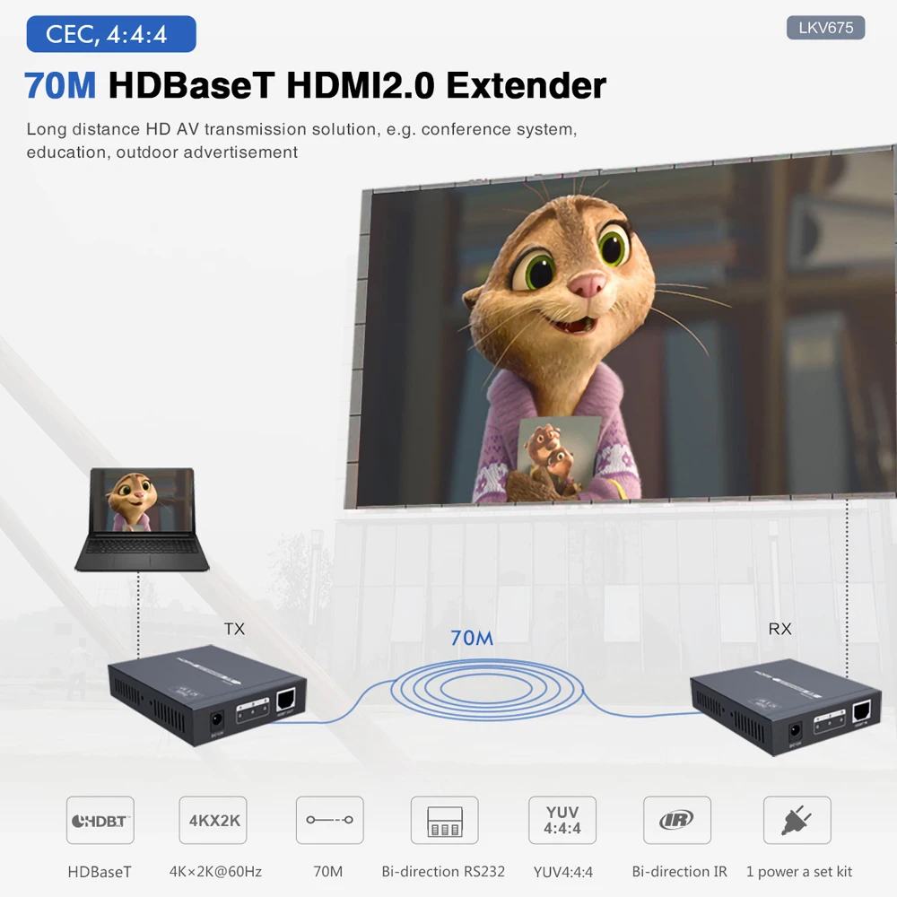 

LKV675 70M HDMI-совместимый HDBaseT2.0 удлинитель до 70m 4K * 2K 60Hz Lossless Extender HDCP2.2 Ultra HD CEC 24bits