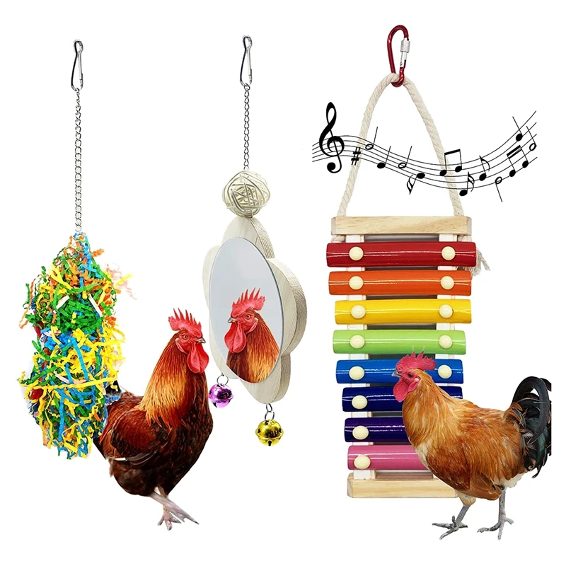 

3PCS Chicken Toys For Hens,Chicken Xylophone Toy,Chicken Mirror Toy With Bell And Foraging Shredder Toys