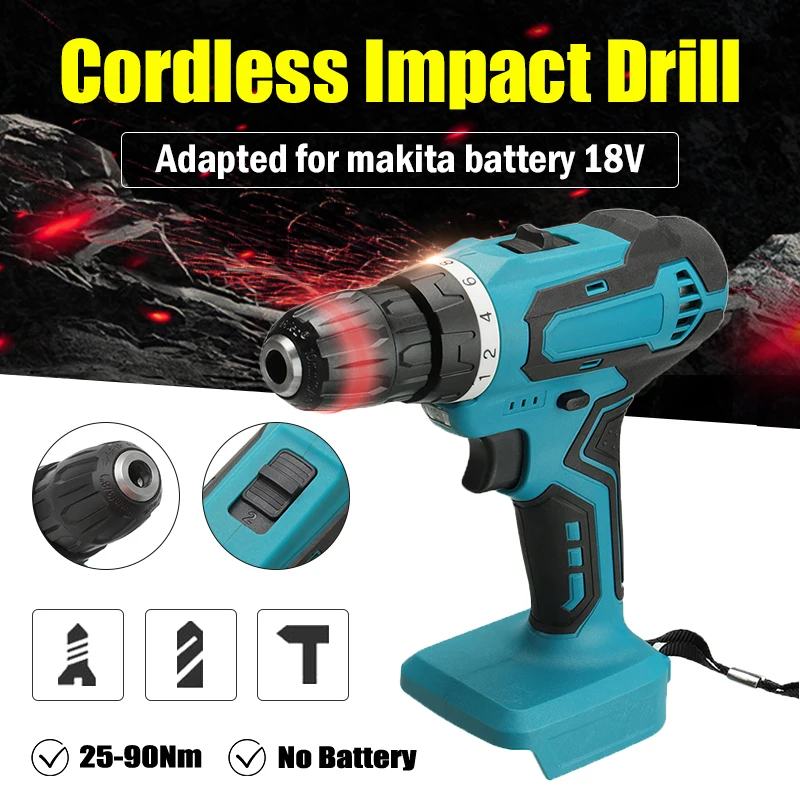 

18V 10mm Electric Cordless Impact Drill Hammer Drill Screwdriver DIY Power Tool For Makita Battery Rechargable Electric Tool