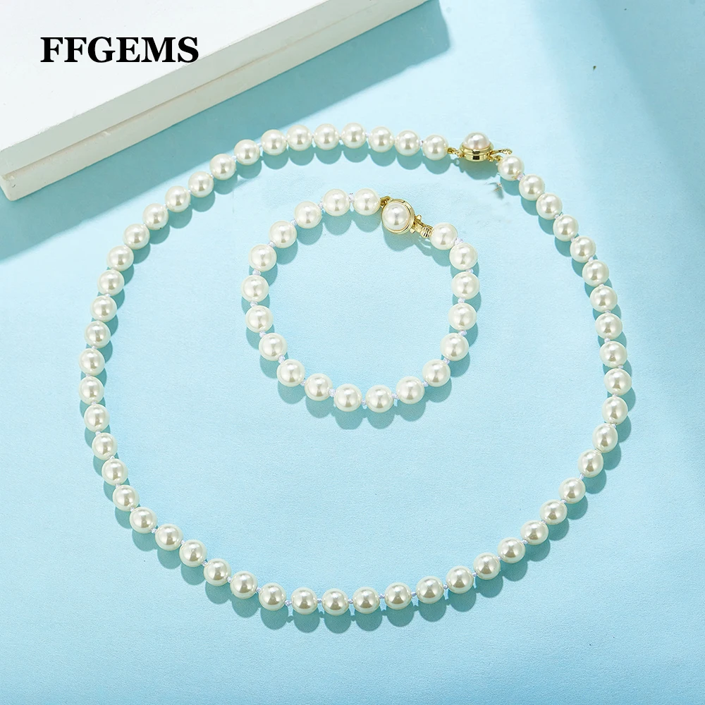 

FFGems новейший вязаный белый стеклянный жемчуг 8 мм 18 дюймов ожерелье и браслет с серьгами набор свадебной вечеринки для женщин подарок с коробкой