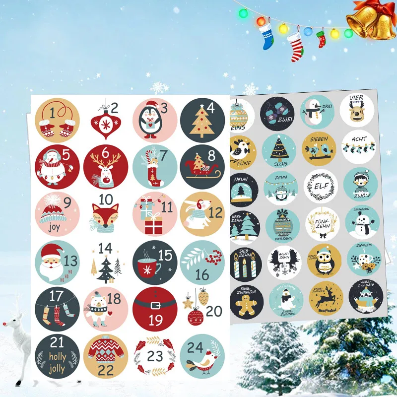 

144Pcs/Set Merry Christmas Advent Calendar Number Paper Stickers Cookie Candy Seal Stickers DIY Gift Packaging Labels Xmas Decor