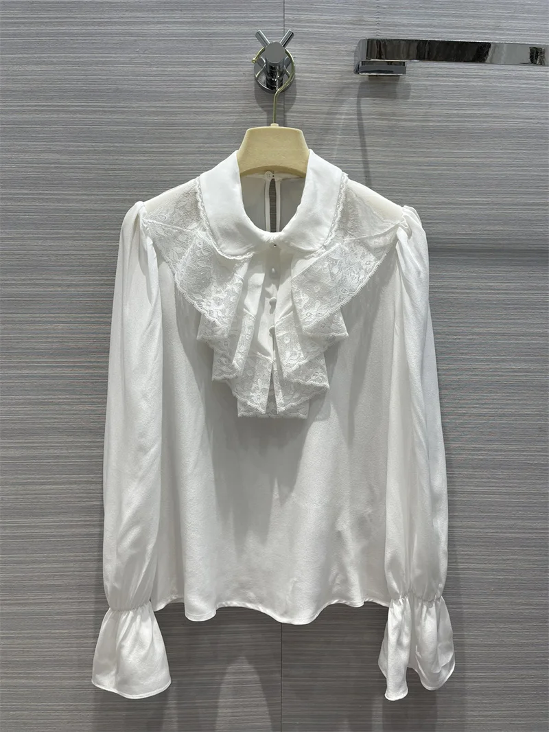 

2022 High Quality White Lace Silk Shirt Women Summer Luxury Blouse