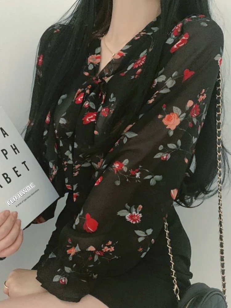 

Korea Chic Tops Blusas Bow Tie Office Lady Elegant Bling Thin Sexy Transparent Flare Sleeve Shirts Flhjlwoc Fashion Women Blouse