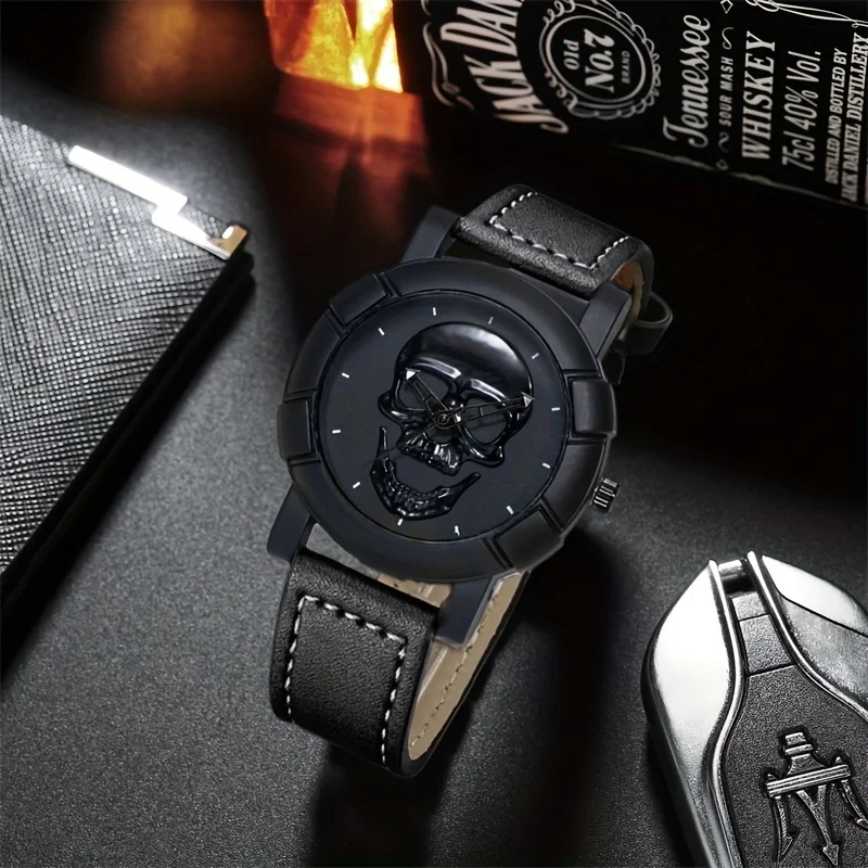 Мужские круглые кварцевые часы с рисунком черепа