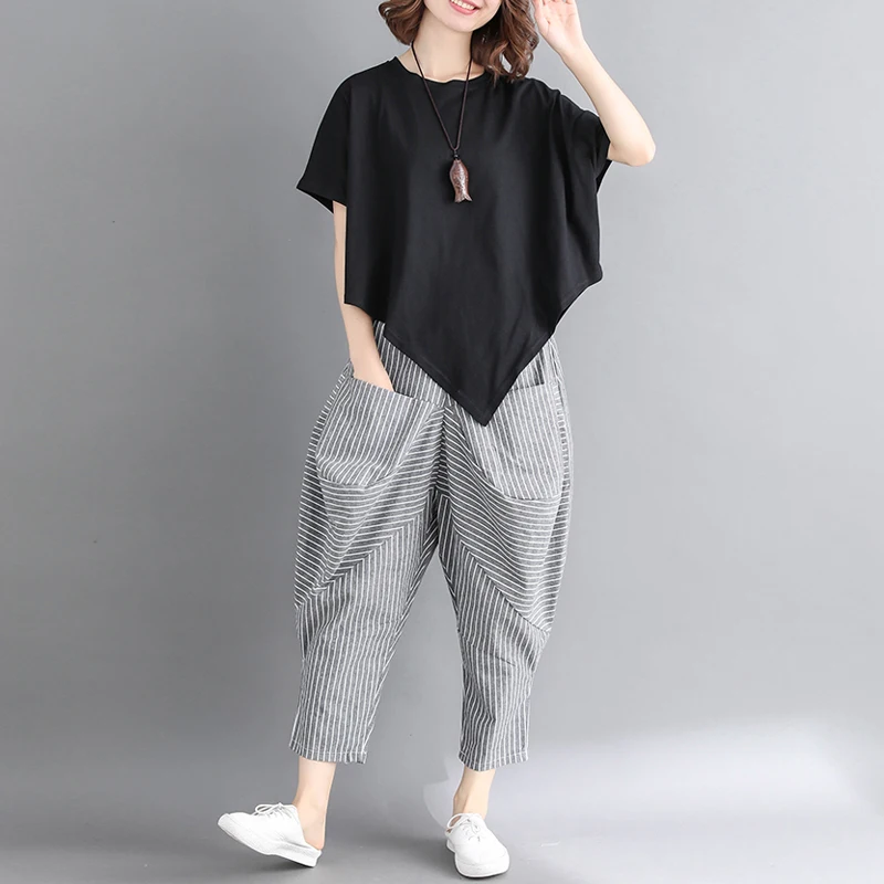 

Oversizes Women Pants Sets 2022 Summer New Irregular Solid Cotton T-Shirts And Ankle Length Pant Female Pant Suits Top Quality
