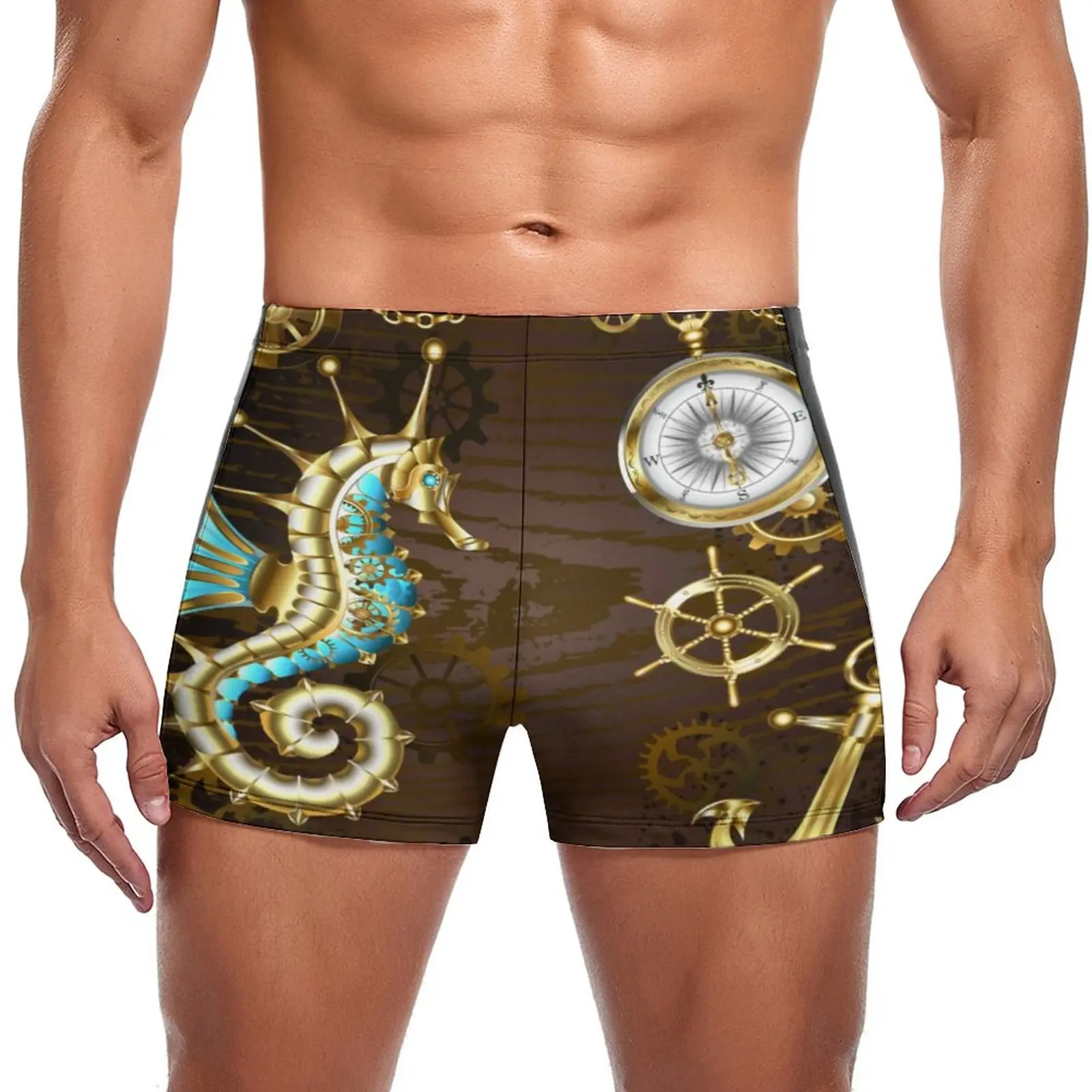 

Golden Steampunk Swimming Trunks Wooden With Mechanical Seahorse Stay-in-Shape Custom Swim Boxers Push Up Training Man Swimwear