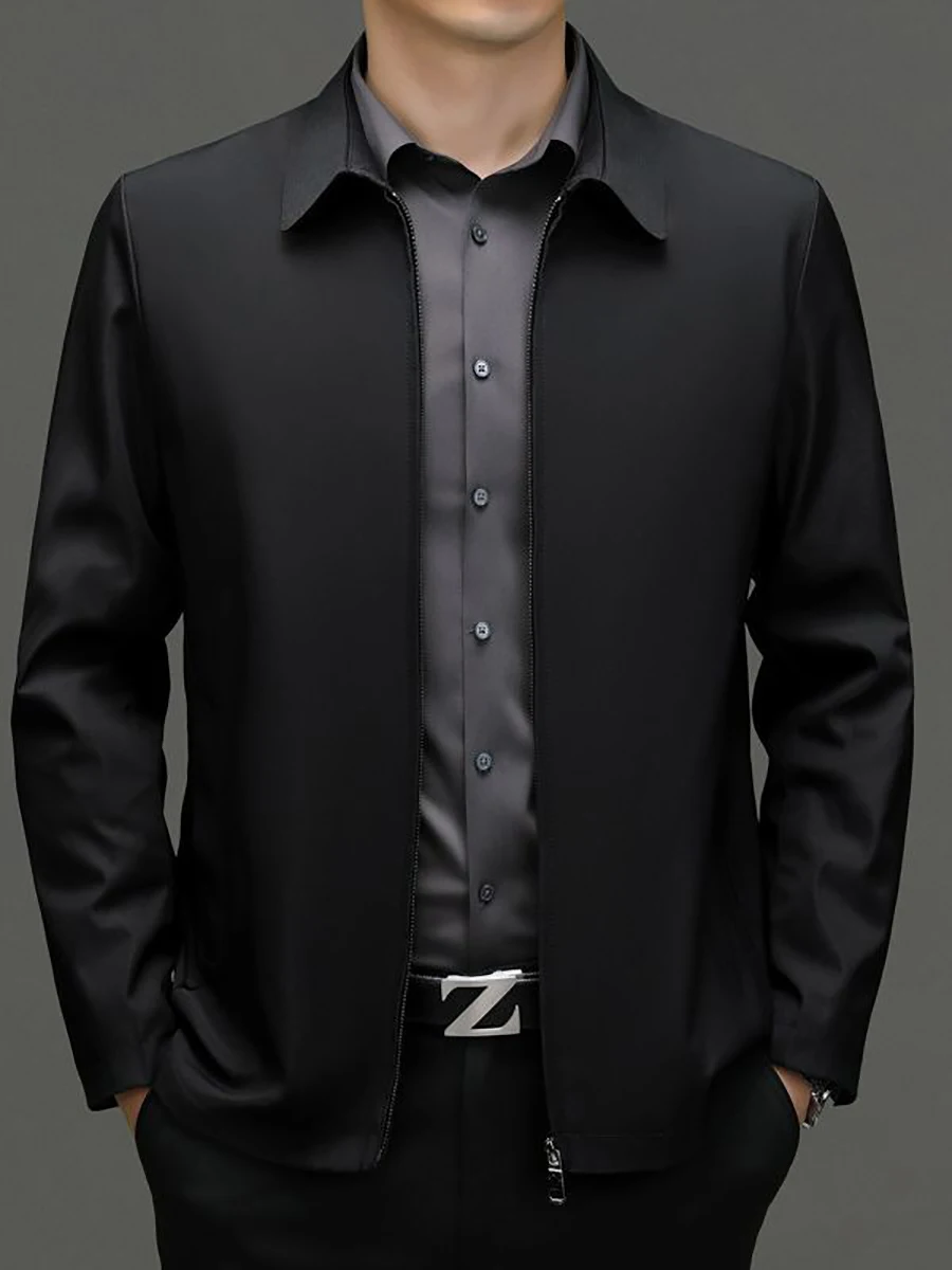 Куртка мужская однотонная на молнии повседневная с лацканами карманами и