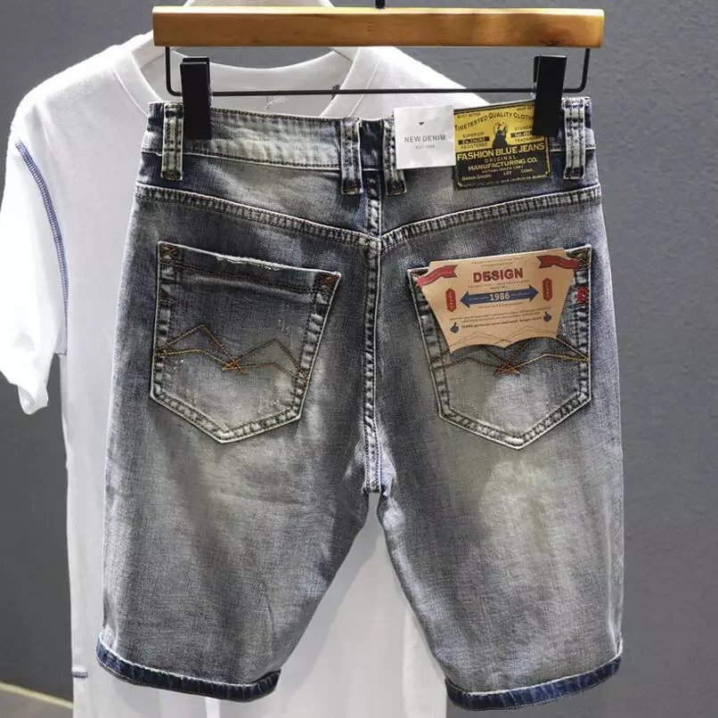 2022New Gray Denim Shorts Holes Jeans Elastic Casual Shorts High Quality Male Stretch Cotton Denim Jeans Shorts Knee Length Jean