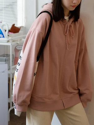 

Top women's pullover jacket spring and autumn all-match round neck casual long-sleeved solid color slim zipper loose