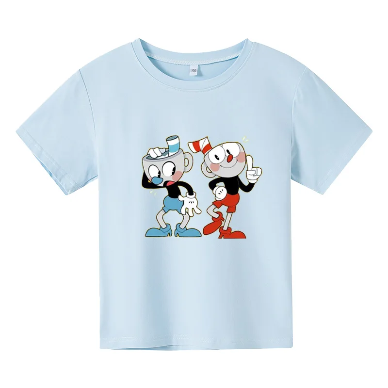 

Children's cartoon cup printed funny T-shirt boys girls comfortable short sleeve top children's casual wear