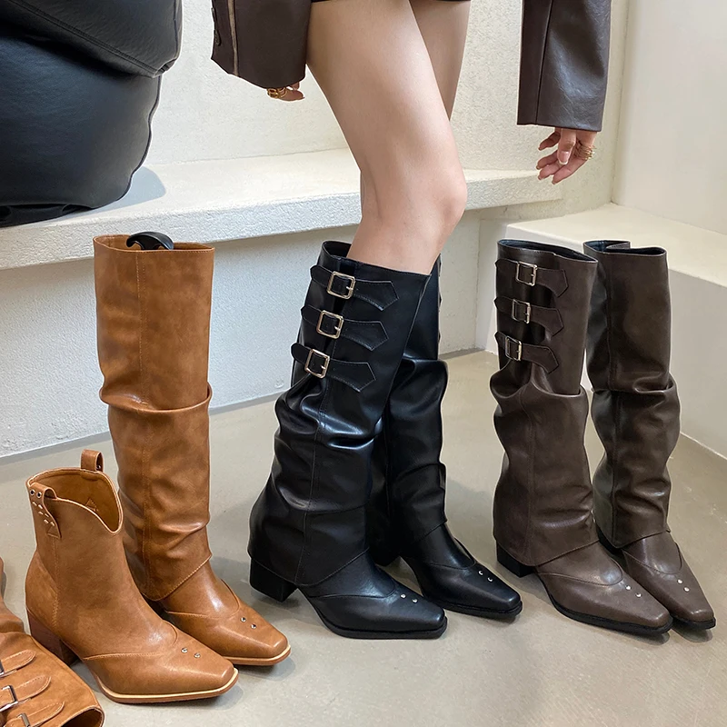 

Модный дизайн, трендовые женские полусапожки Челси на квадратном каблуке 2023, обувь без застежки, женские сапоги до колена, Женская обувь в западном стиле