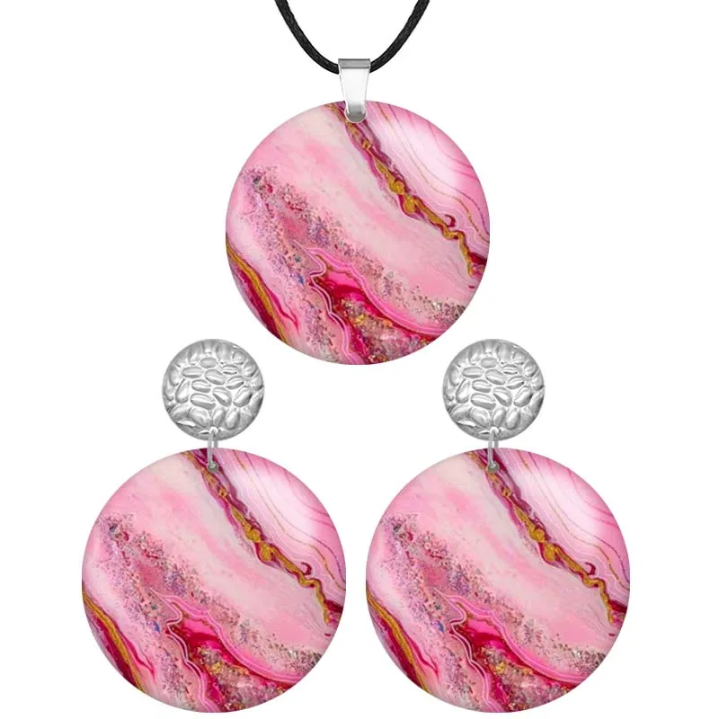 

Land Coastline Patchwork Image Round Wooden Pendant Necklaces & Earrings For Women Stainless steel Piercing Jewelry Sets N9351