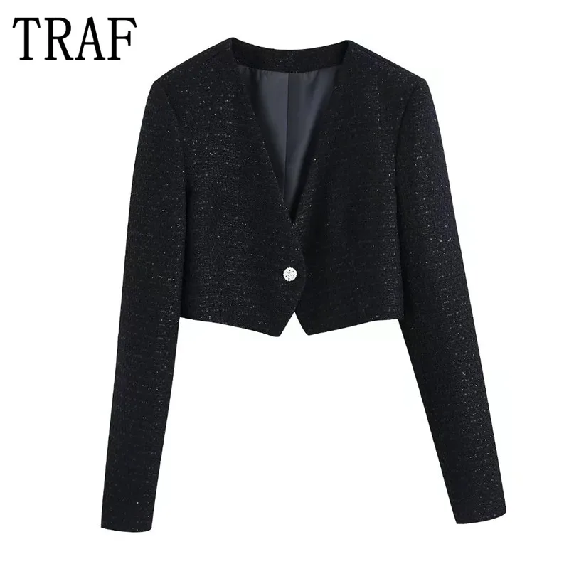 

TRAF Zar 2022 Tweed Cropped Blazer Women Rhinestone Black Jacket Woman Long Sleeve Elegant Blazer Set Button Up Vintage Jacket