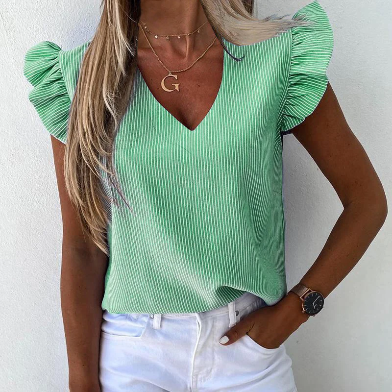 

S-3XL 2022 New Fashion Women Summer Cool Tops Striped Print Ruffle V-neck Short Sleeve Fashion Blouses Grunge Aesthetic Blouses