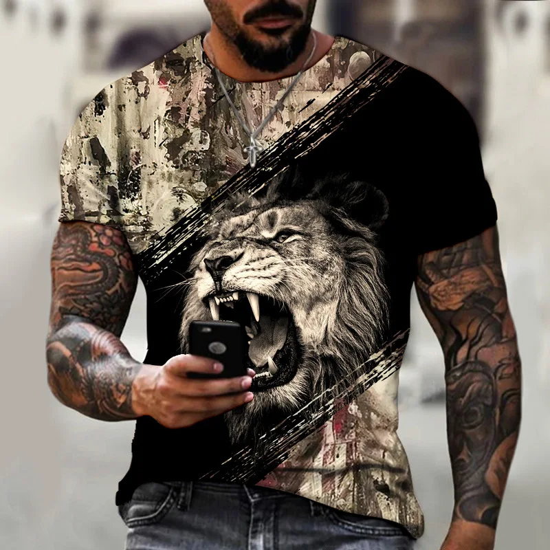

Men Vintage T-shirt 3d Lion Print New Summer Oversized Tshirt Men's Streetwear Round Neck Short Sleeve Top Free Shipping Clothes