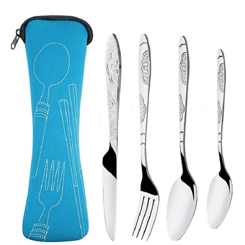 

4Pcs/3Pcs Set Dinnerware Portable Printed Knifes Fork Spoon Stainless Steel Family Camping Steak Cutlery Tableware with Bag