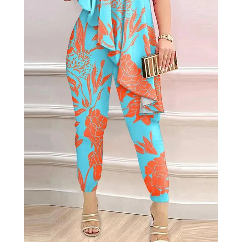 2023 Women Floral Print Skew Neck One Shoulder Sleeveless Jumpsuit Casual Fashion Femme Sexy Lady Jumpsuts Elegant Robe Femme