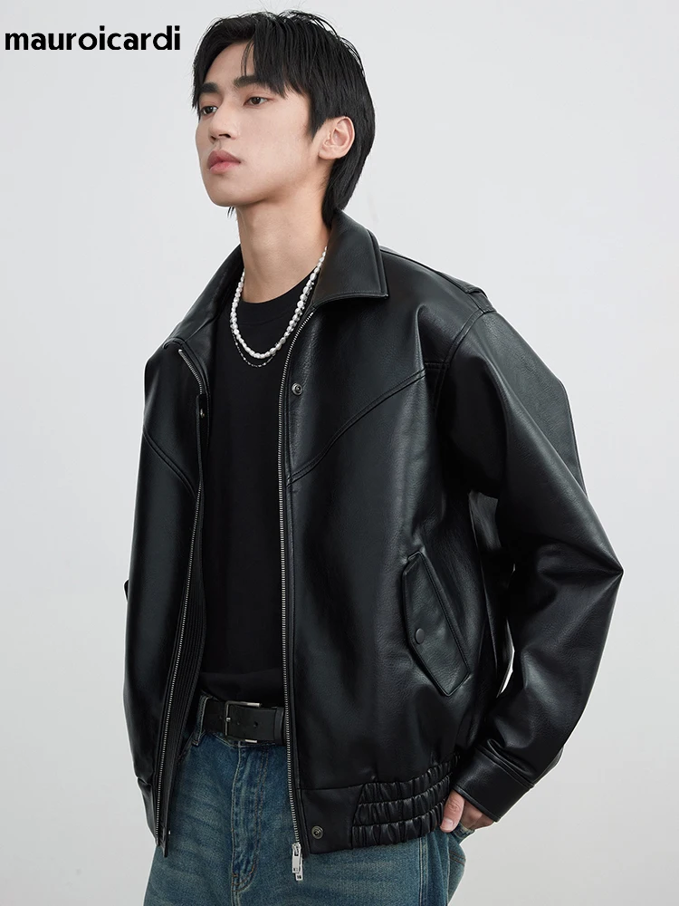 

Mauroicardi Spring Autumn Loose Casual Cool Waterproof Black Brown Soft Pu Leather Jacket Men Zipper Long Sleeve Clothing 2023