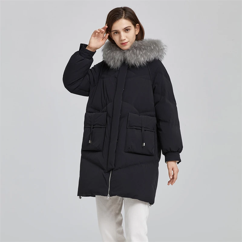 TANBOER Women's Warm Long Racoon Dog Fur Hooded Anti-wrinkle Breathable Plus Size Goose Down Coats Outwear TB211658