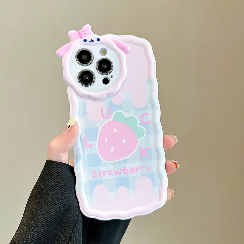

Lovely Pink Plaid Strawberry Bow Phone Case for iPhone 14 12 13 11 Pro ProMax Plus X XR Xsmax Shockproof Soft Phone Cover