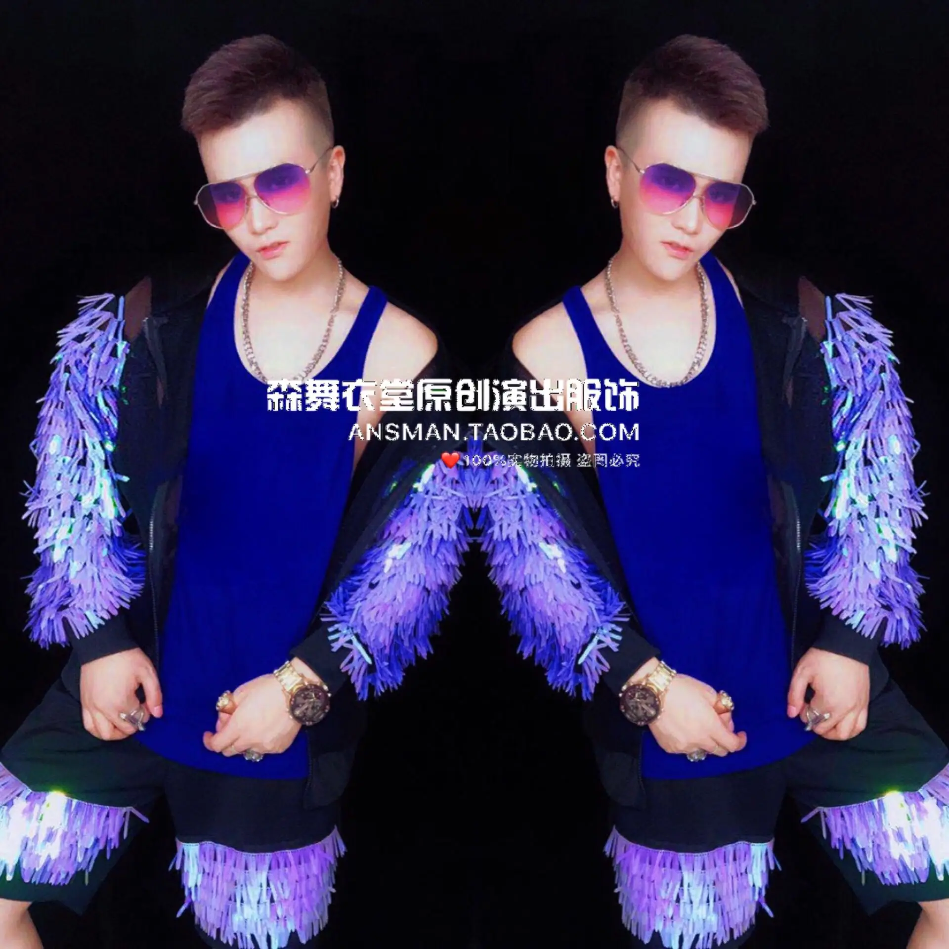 

Новый ночной клуб бар DJ певец фантазия синий фиолетовый кисточки хип-хоп модный набор Мужская одежда для отдыха и представлений