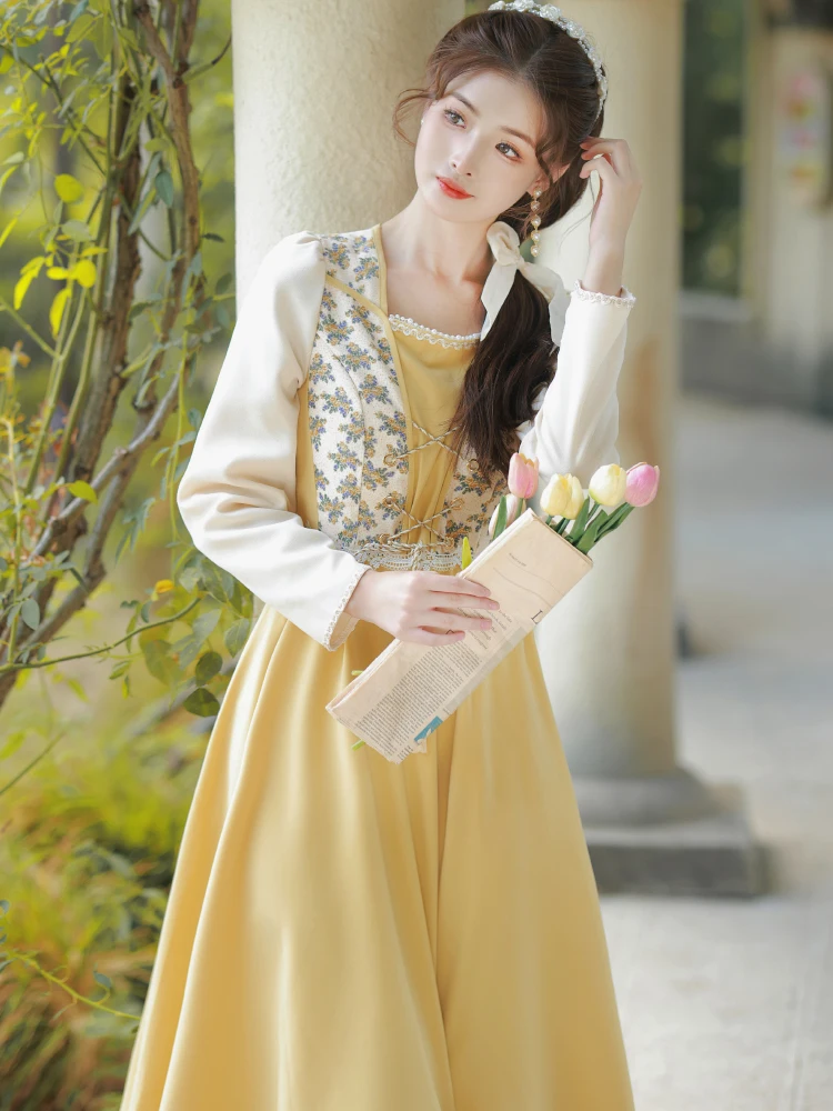 

Women French Floral Lace-up Dresses Retro Palace Style Female Fashion Yellow Design Dense Oil Paint Vintage Dress Vestido Mujer