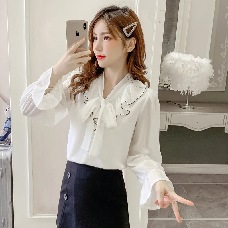 

Шифоновая Свободная Женская блузка, новинка, Модный повседневный Топ с длинным рукавом, однотонная летняя блузка с оборками и бантом