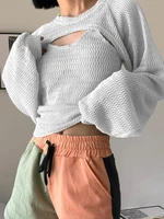 weiyao white solid knitted pullover crop tops women 2022 autumn lantern long sleeve hollow out camis t shirts korean fashion