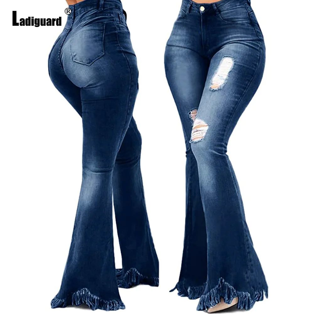 Ladiguard Sexy Flare Denim Pants Women's Boot Cut Jeans High Waist Hole Ripped Trousers Vintage Jeans Pants Vaqueros Mujer 2022