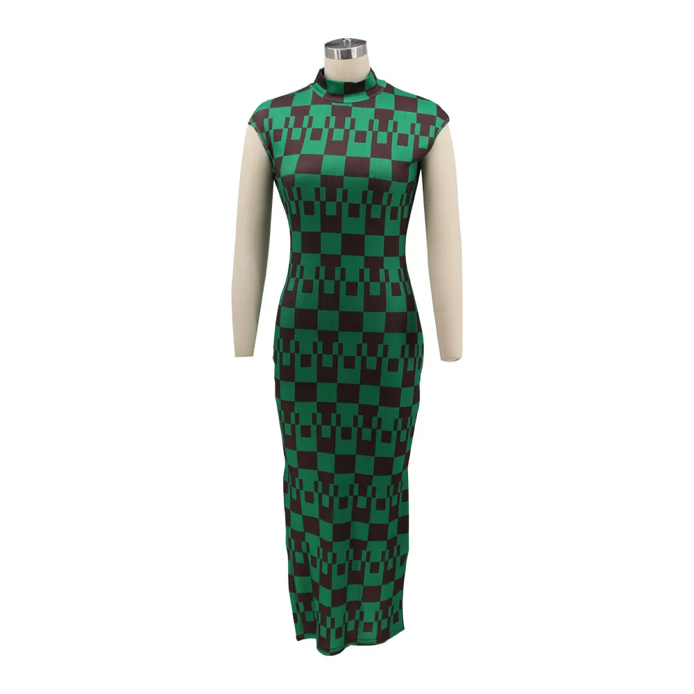 Plus Size Plaid Printed Bodycon Long Dress Sleeveless Skinny Split Party Vestidos Elegant Vintage Robes Female Clothings 2022