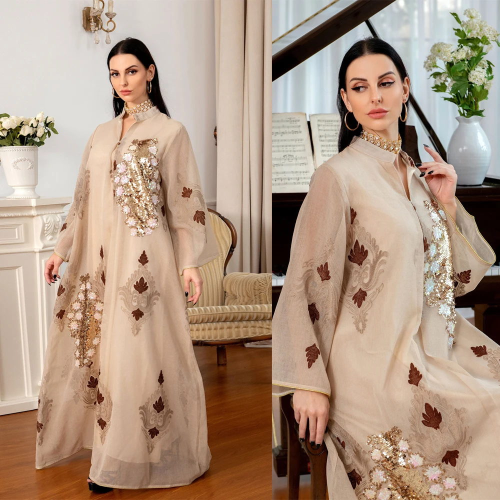 

Muslim Abaya Ethnic Long Robe Women v-neck Beaded Sequins Embroidery Evening Dress Fashion Dubai Party Kaftan Turkish Arab Gown