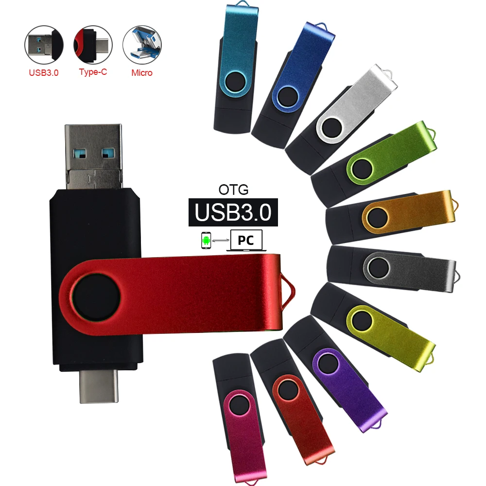 

3 IN 1 USB 3.0 Flash Drive256GB 32GB 64GB 128GB TPC Pen Drives Metal Memory Stick OTG U Disk Real Capacity with Keychain Package