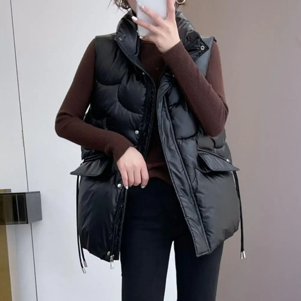 

Women Autumn Winter Loose Fit Waistcoat Stand Collar Sleeveless Zipper Placket Pockets Vest Cotton-padded Outwear