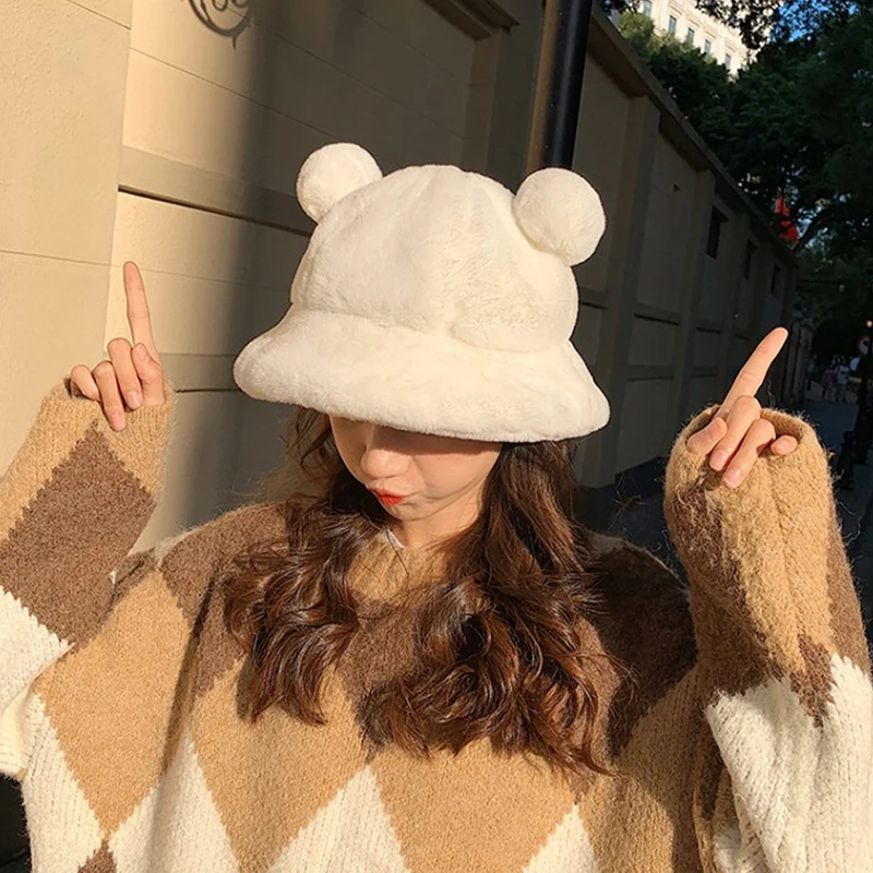 

Fashion Autumn Winter Leopard Fur Bucket Hat Bear Ear Ball Plush Fisherman Hat Soft Warm Thick Basin Hat Protection Bucket Hats