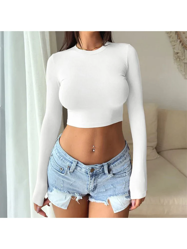 Женская Однотонная футболка осенняя эластичная повседневная майка женские