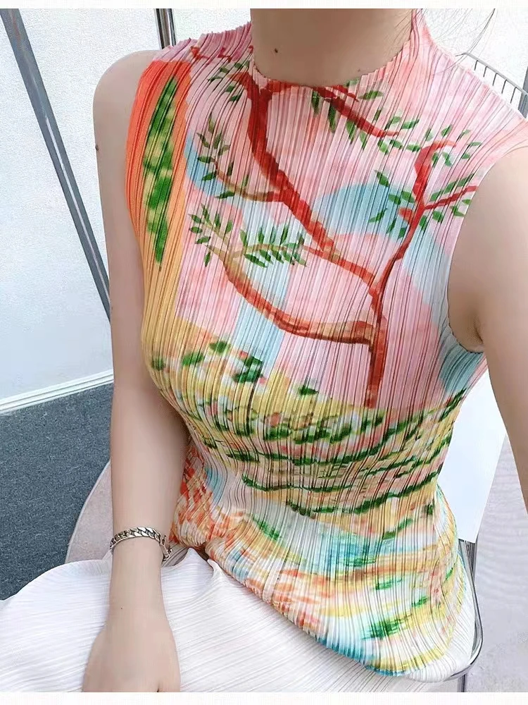 

Miyake Original Design T-shirt 2023 Summer Pleated Flower Print Tops Casual Fashion Appear Thin Loose Retro Womens Clothing