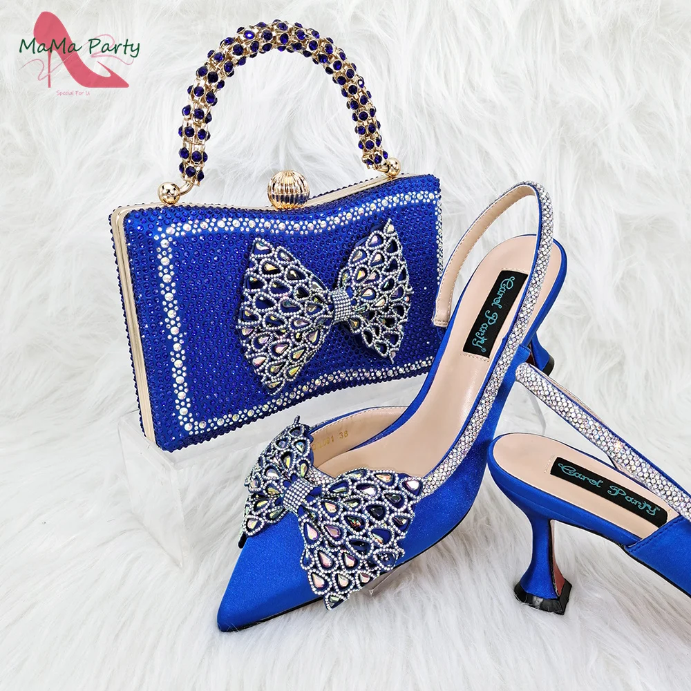2024 High Quality New Design Shoes and Bag in Royal Blue Color Pointed Toe Special African Women Square Heels for Wedding Party