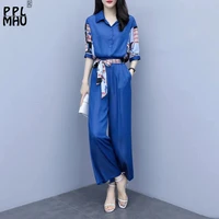 fashion blue patchwork two peice sets summer print half sleeve shirt belt pants suit women office lady ensemble femme 2 pieces