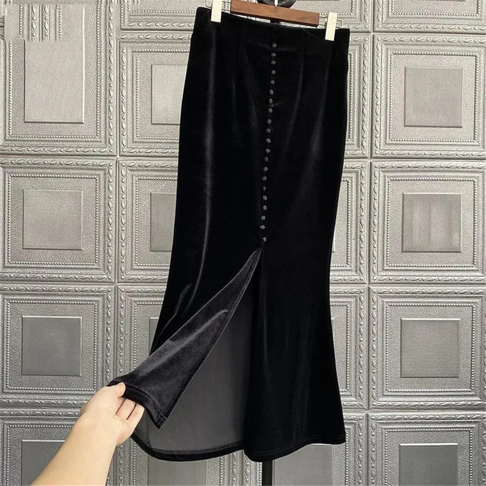 

Vintage Autumn Women Fashion Office Lady Ruffle Black Skirt Golden Velvet High Waist Calf-Length Midi Fishtail Skirts Jupe Femme