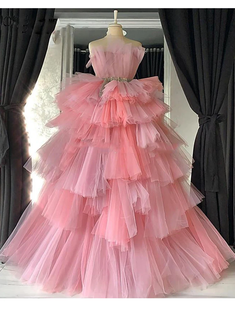

2022 Pink A-Line Prom Dresses Strapless Without Sleeves Ruffles Occasion Gown Tulle Evening Dress Robe De Soirée